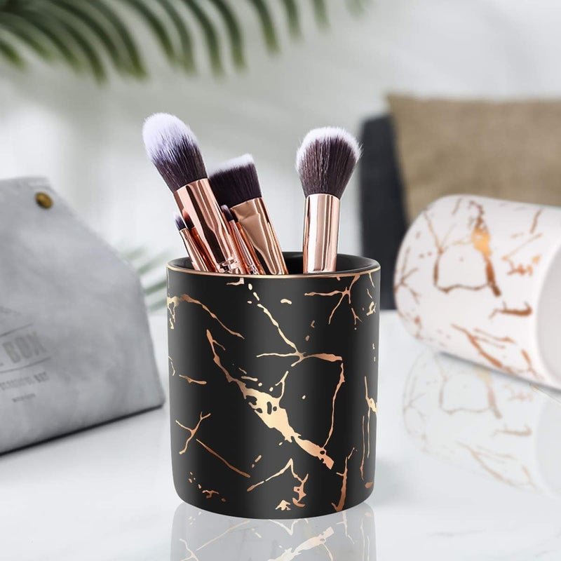 WAVEYU Pencil Cup, Pen Holder for Desk, Pen Pencil Stand Holder for Desk, Office Desk Organizer for Girls Women Kids Ceramic Glitter Marble Makeup Brush Holder, Black (Upgrade Style) - Image 4
